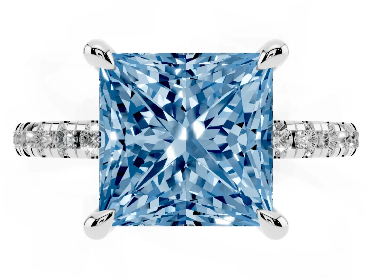 Fancy Blue Princess Cut Diamond Brilliant Solitaire Ring with Pavé Band and Four-Prong Setting Silver