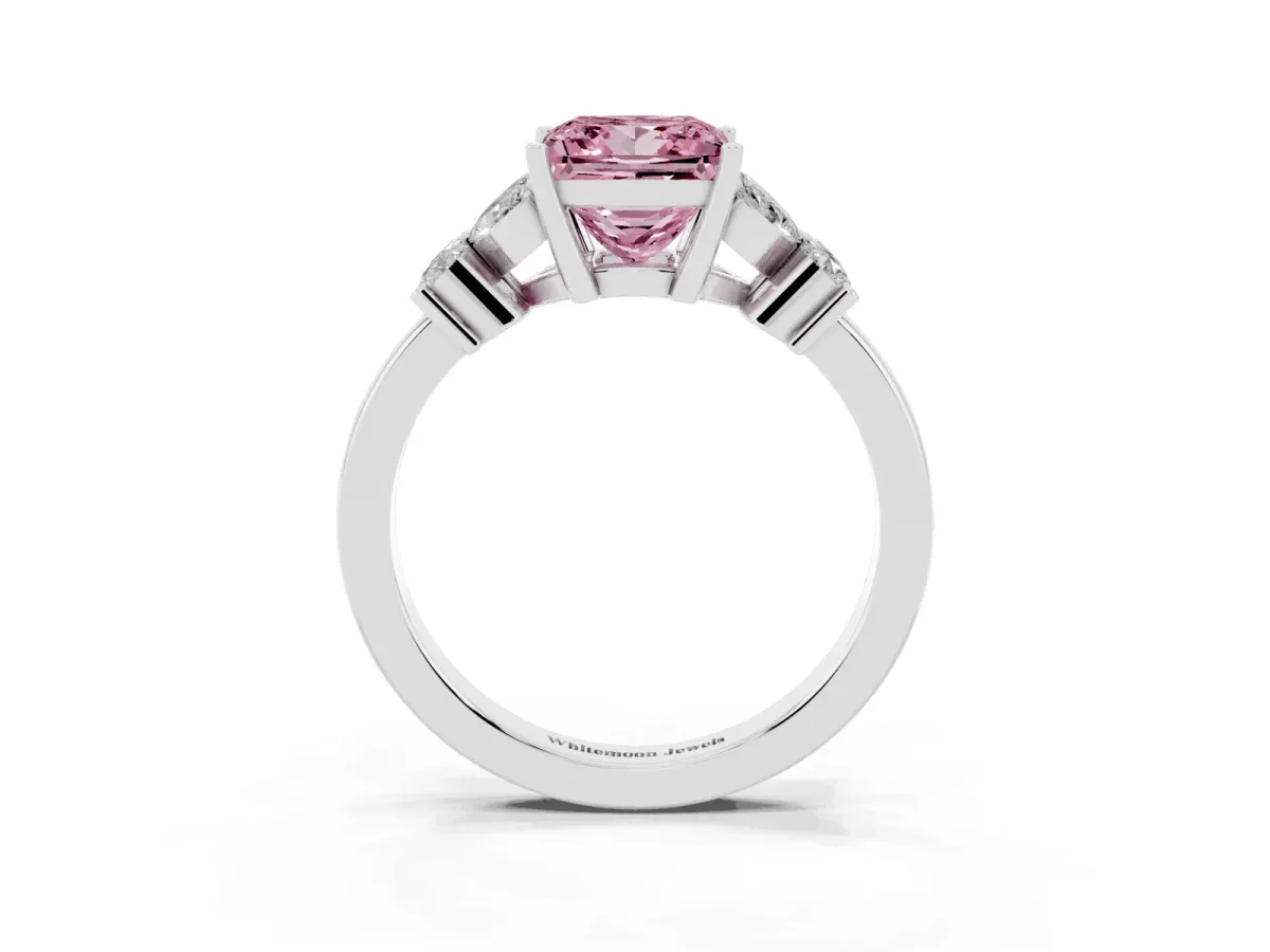 Fancy Pink Princess Cut Diamond Floral Cluster Ring with Solitaire Band and Prong Setting Platinum