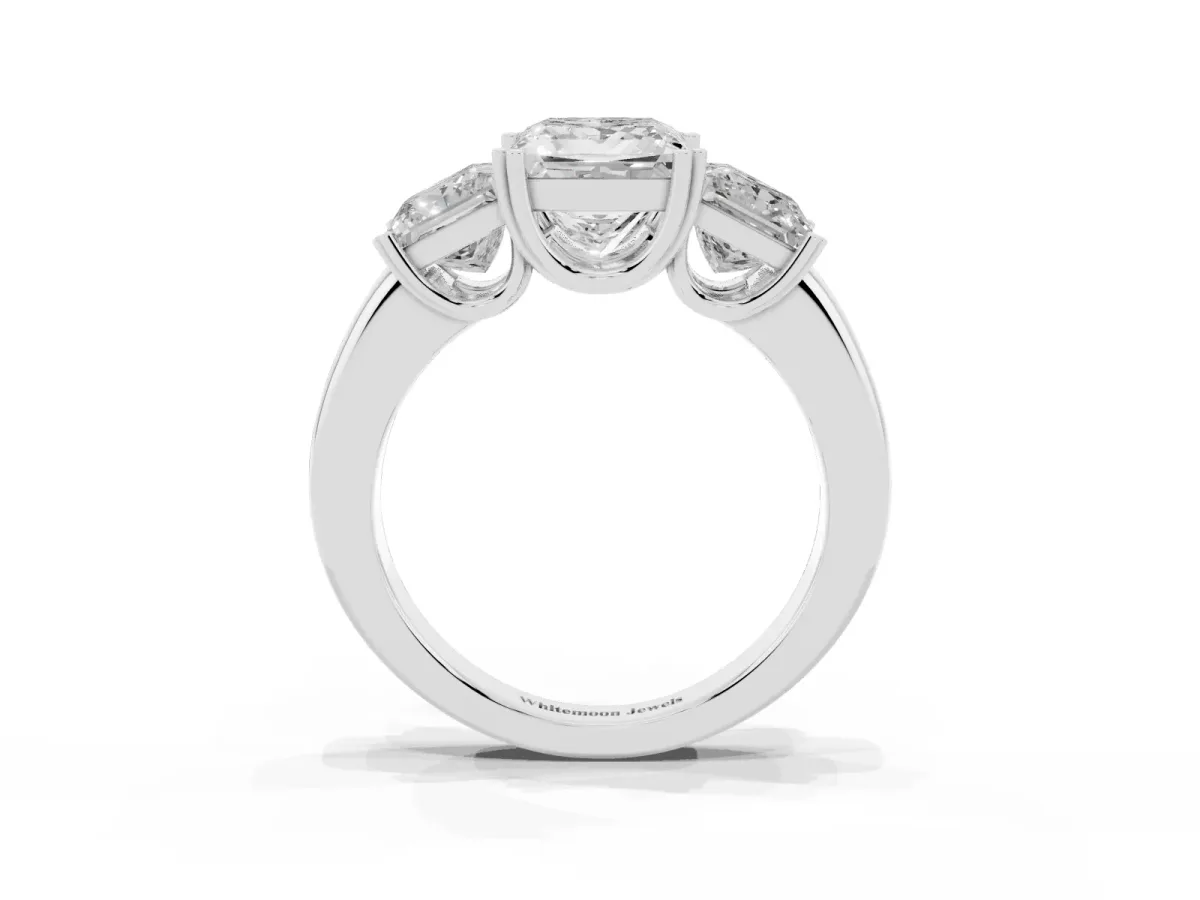 Three-Stone Princess Cut Cut Diamond Ring with Channel Set Band and Four-Prong Setting Silver