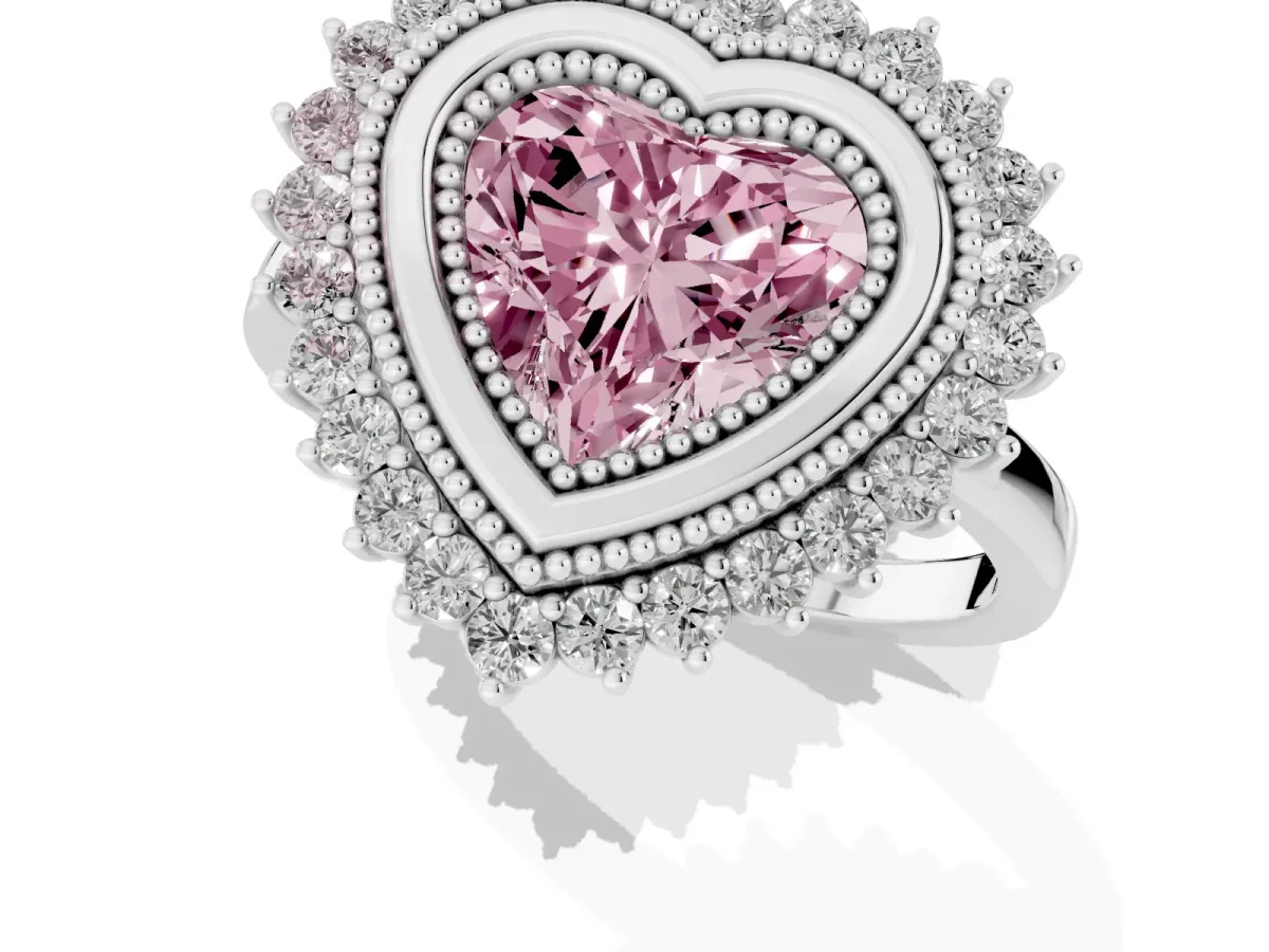 Fancy Pink Heart Cut Halo Diamond Ring with Milgrain Edge and Round Prong Setting Silver