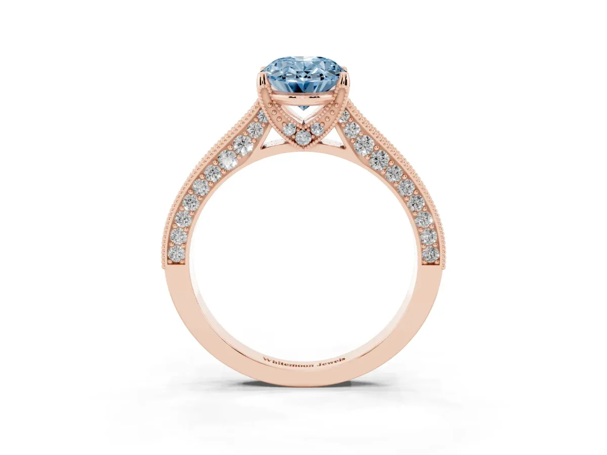 Fancy Blue Oval Cut Cut Diamond Solitaire Ring with Milgrain Pave Band and Four Prong Setting Rose gold