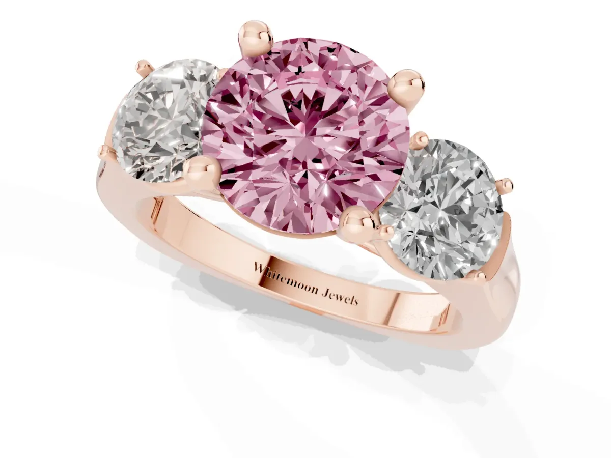 Fancy Pink Three-Stone Round Cut Brilliant Diamond Trellis Ring with Comfort Fit Band Rose gold