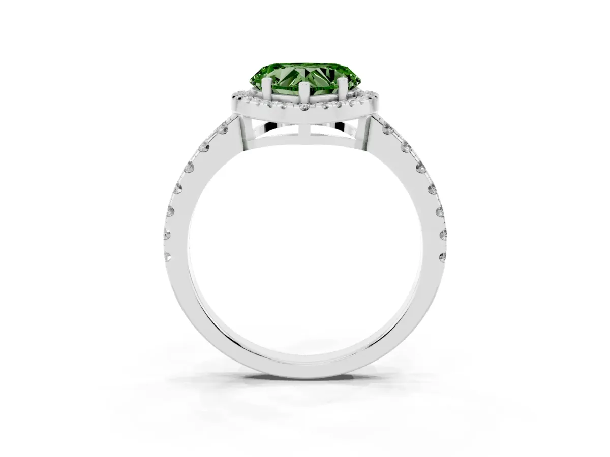 Fancy Green Heart Cut Diamond Halo Ring with Pavé Band and Four-Prong Setting Platinum