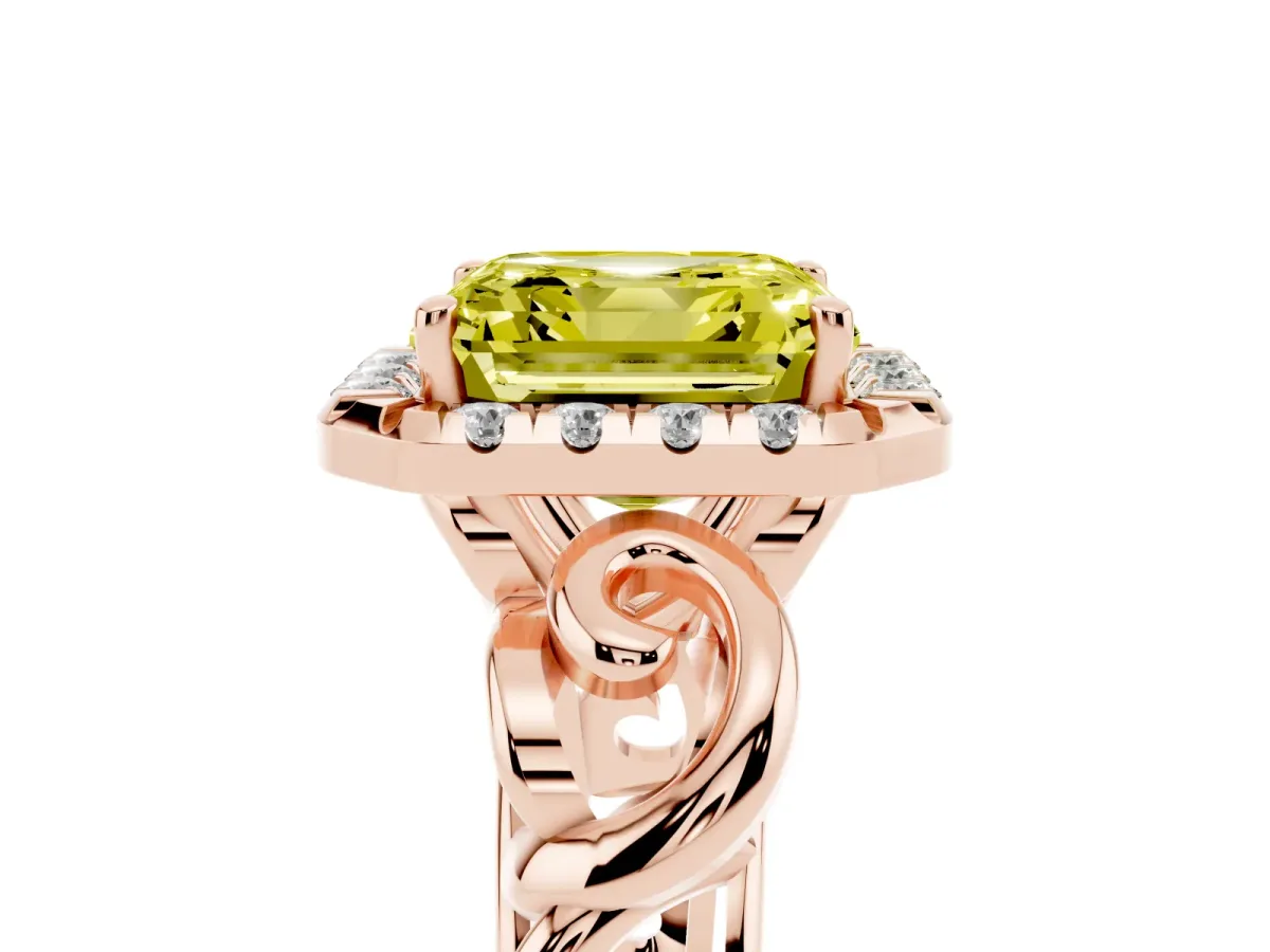 Fancy Yellow Asscher Cut Cut Halo Diamond Ring with Scrollwork Band and Four-Prong Setting Rose gold