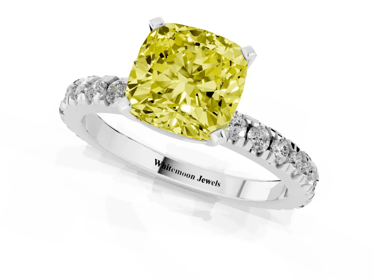 Fancy Yellow Cushion Cut Diamond Pavé Band Solitaire with Four-Prong Setting Silver