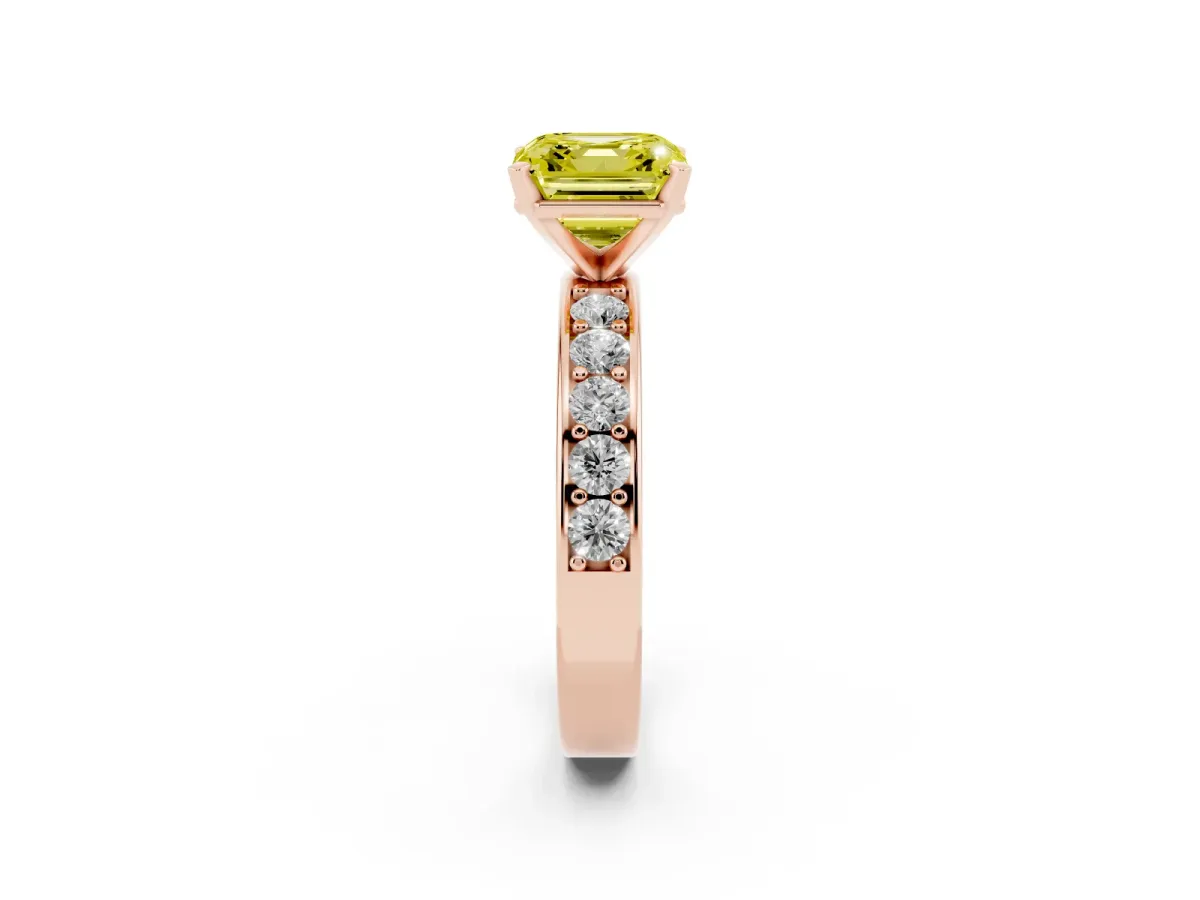 Fancy Yellow Asscher Cut Diamond Engagement Ring with Channel Set Round Band and Prong Setting Rose gold