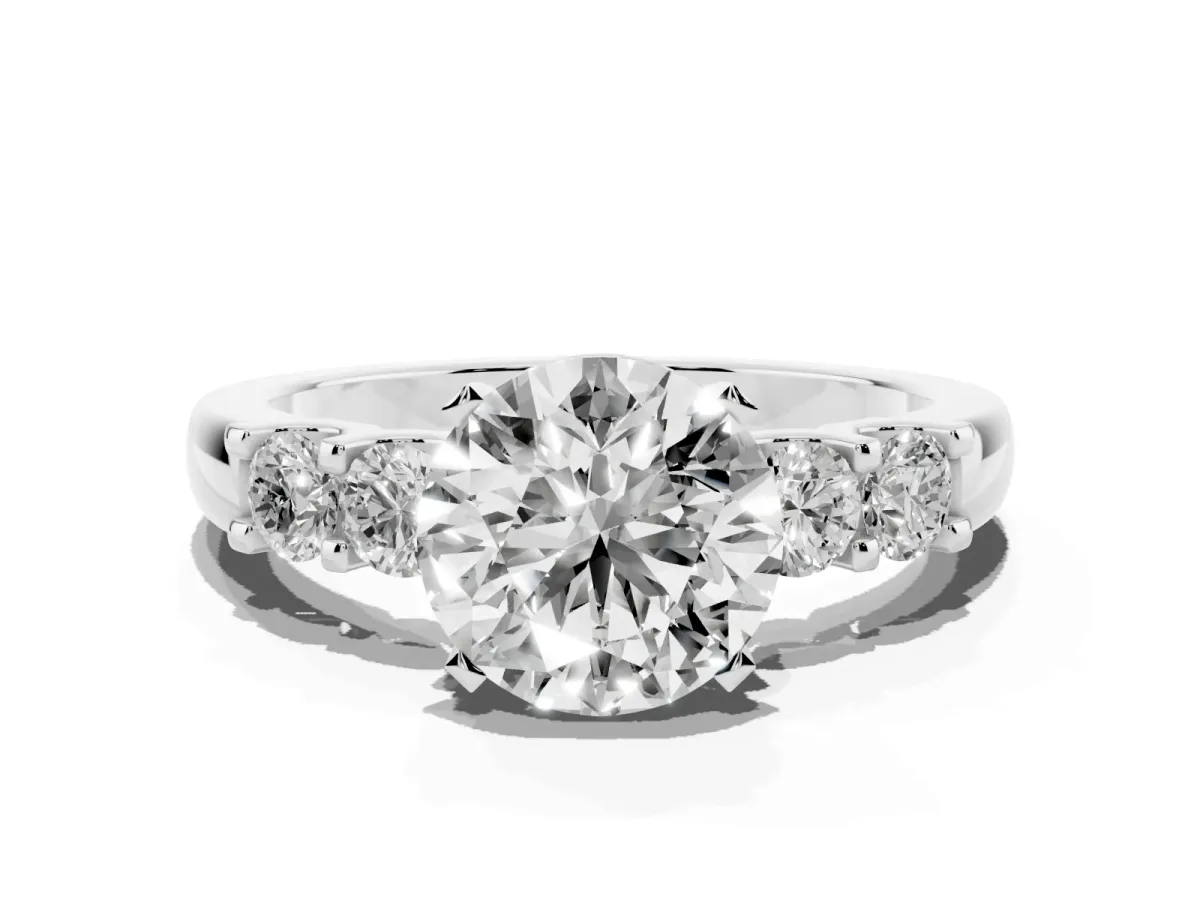 Round Cut Brilliant Cut Diamond Five-Stone Prong Set Engagement Ring with Channel Band Silver