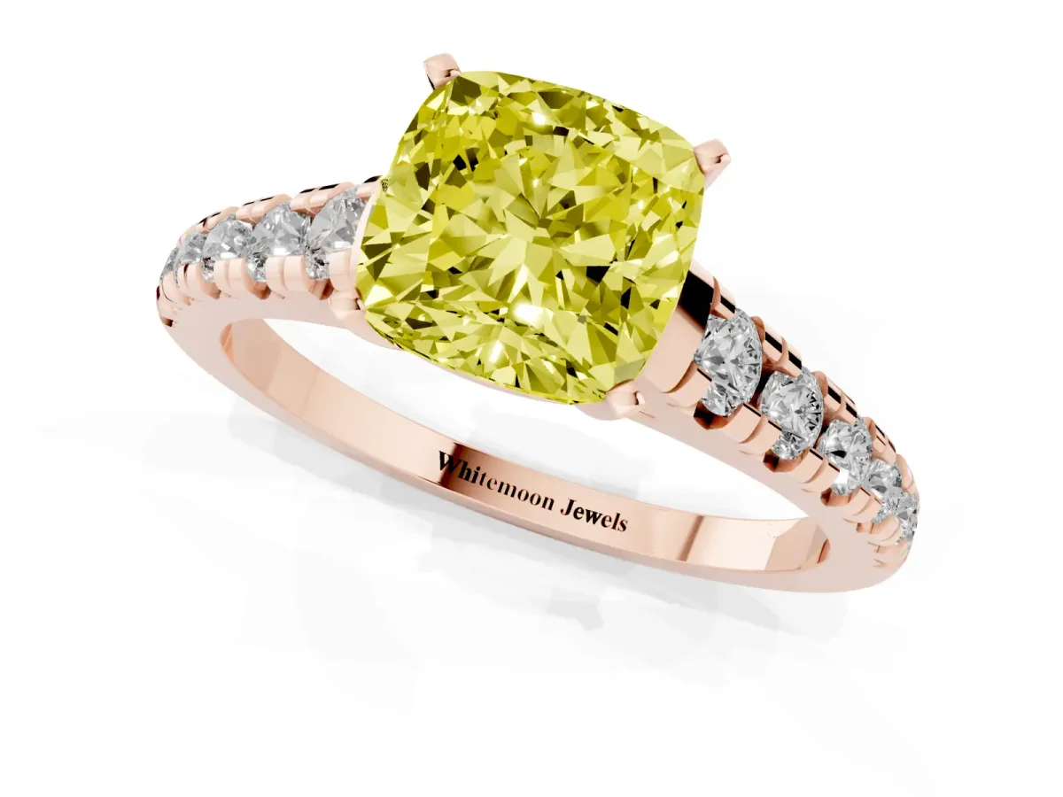 Fancy Yellow Cushion Cut Diamond Cathedral Solitaire Ring with Round Pavé Band Rose gold