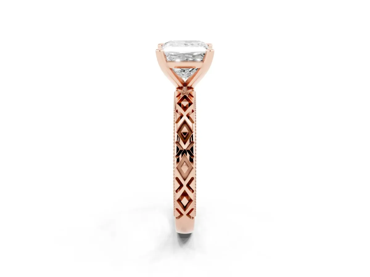 Princess Cut Solitaire Diamond Ring with Milgrain and Black Enamel X Pattern Band Rose gold