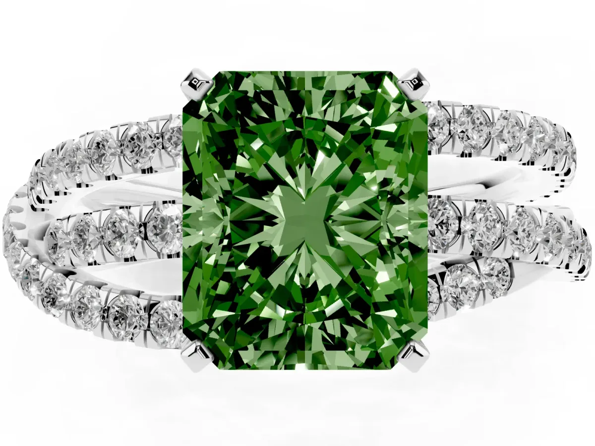Fancy Green Radiant Cut Solitaire Twist Band with Pavé Setting and Four-Prong Setting Silver