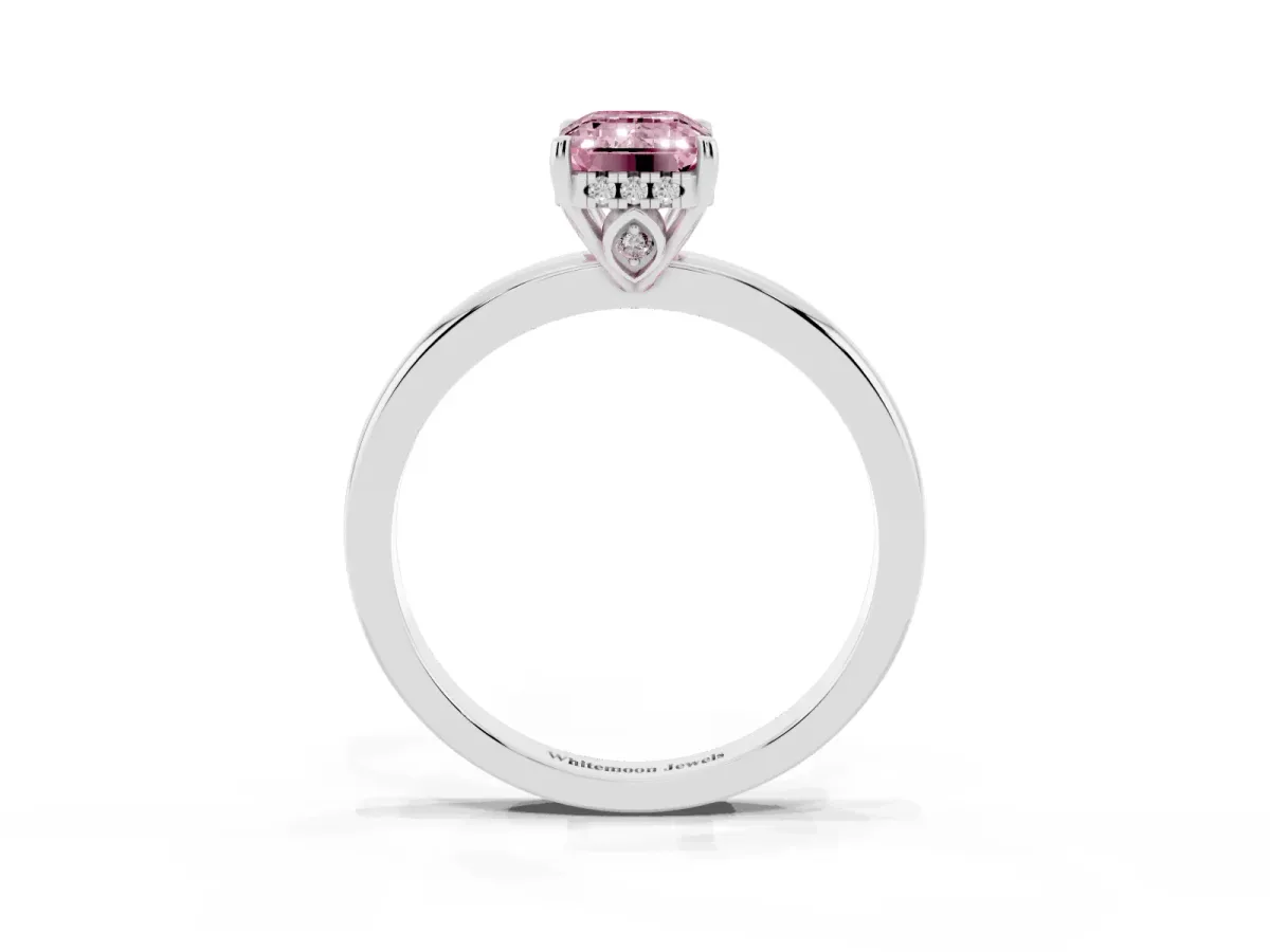 Fancy Pink Emerald Cut Solitaire Diamond Ring with Prong Setting and Plain Band Silver