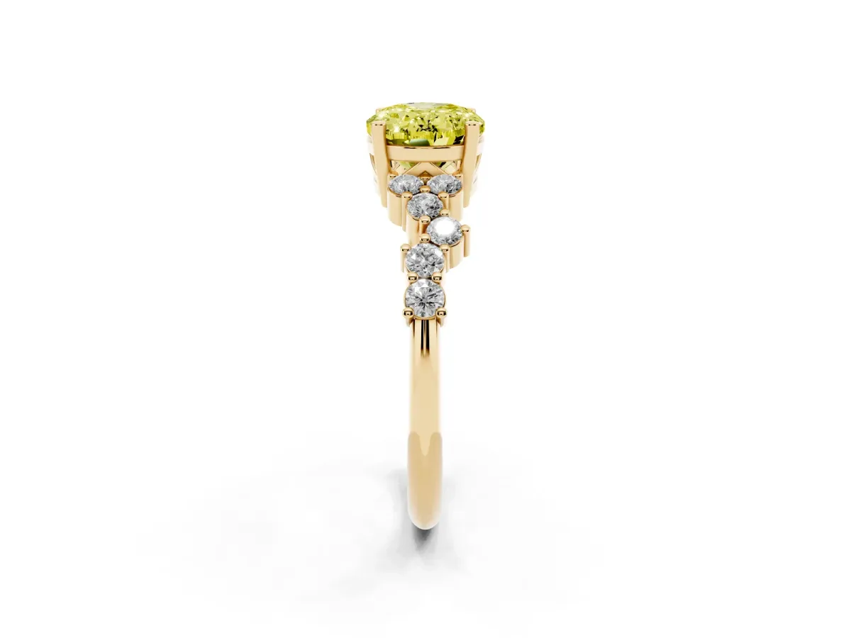 Fancy Yellow Oval Cut Diamond Scattered Round Accent Ring with Prong Setting Yellow gold