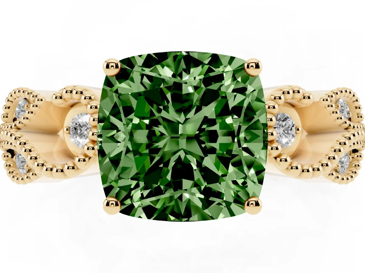 Fancy Green Cushion Cut Solitaire Milgrain Leaf Band with Prong Setting Yellow gold