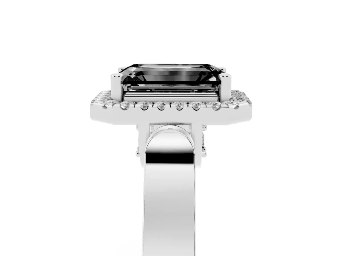 Fancy Black Emerald Cut Halo Round Diamond Twist Band with Four-Prong Setting Silver
