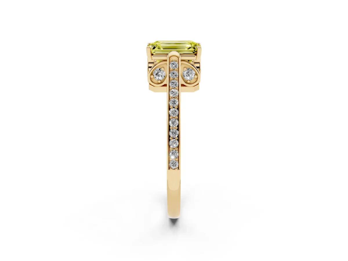 Fancy Yellow Emerald Cut Cut Cathedral Pave Diamond Engagement Ring with Six-Prong Setting Yellow gold