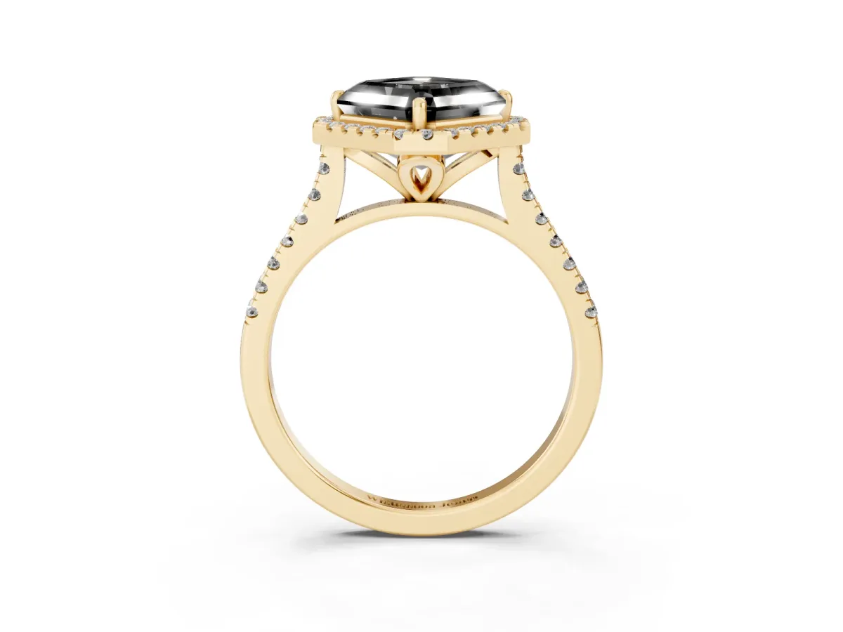 Fancy Black Asscher Cut Diamond Cushion Halo Ring with Pavé Band Yellow gold