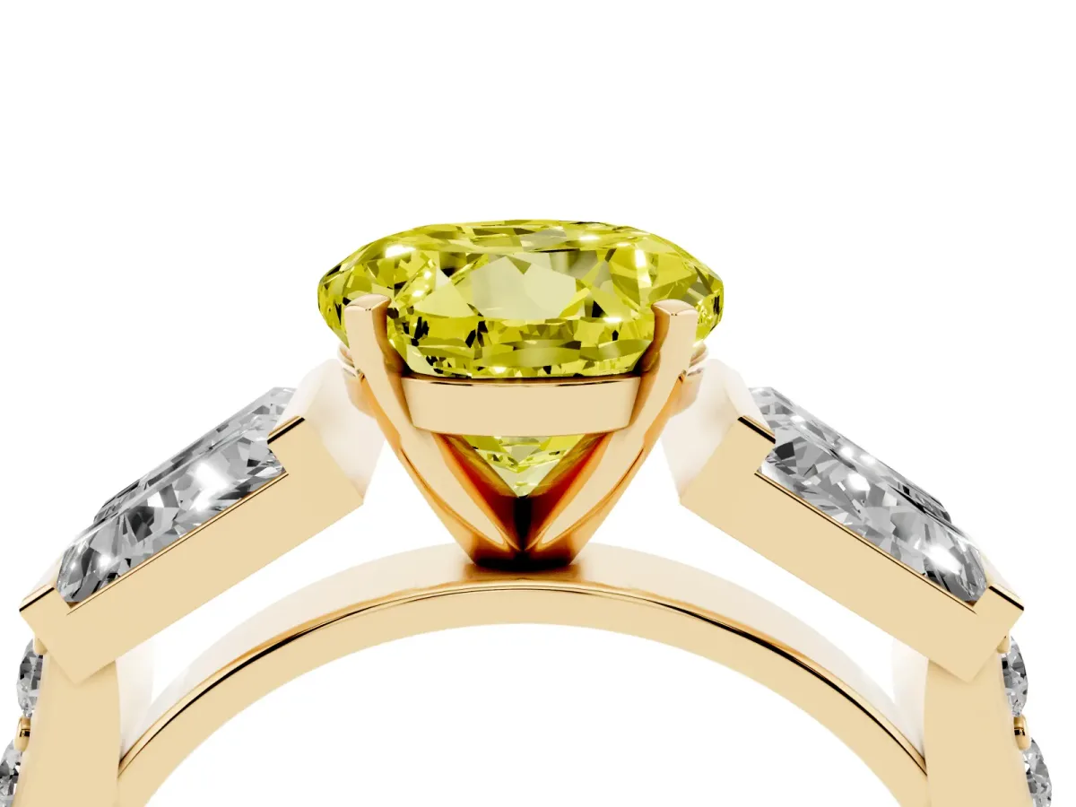 Fancy Yellow Round Cut Diamond Engagement Ring with Baguette Side Stones and Channel Set Band Yellow gold