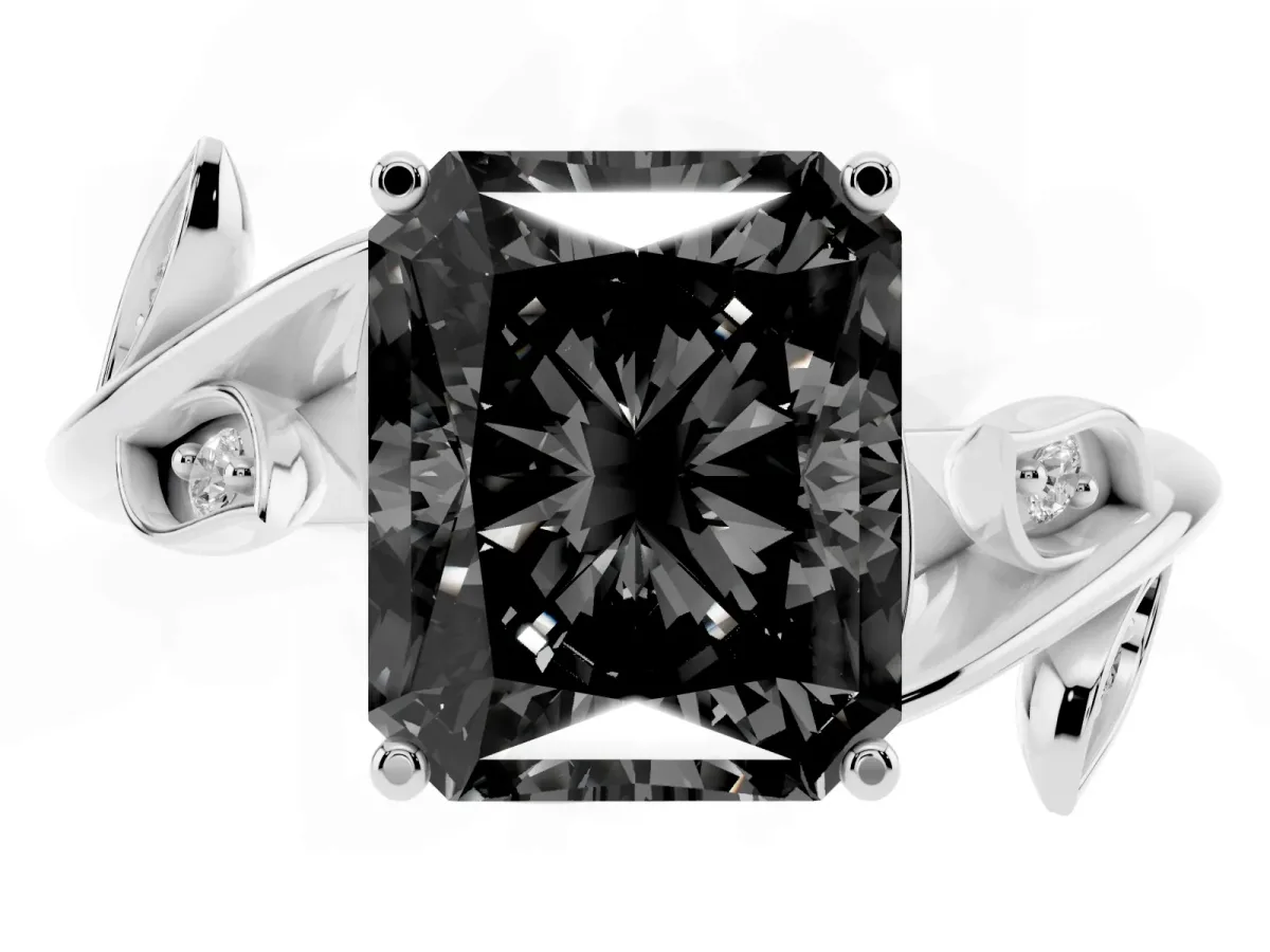 Fancy Black Radiant Cut Solitaire Twist Engagement Ring with Leaf Accents and Prong Setting White gold