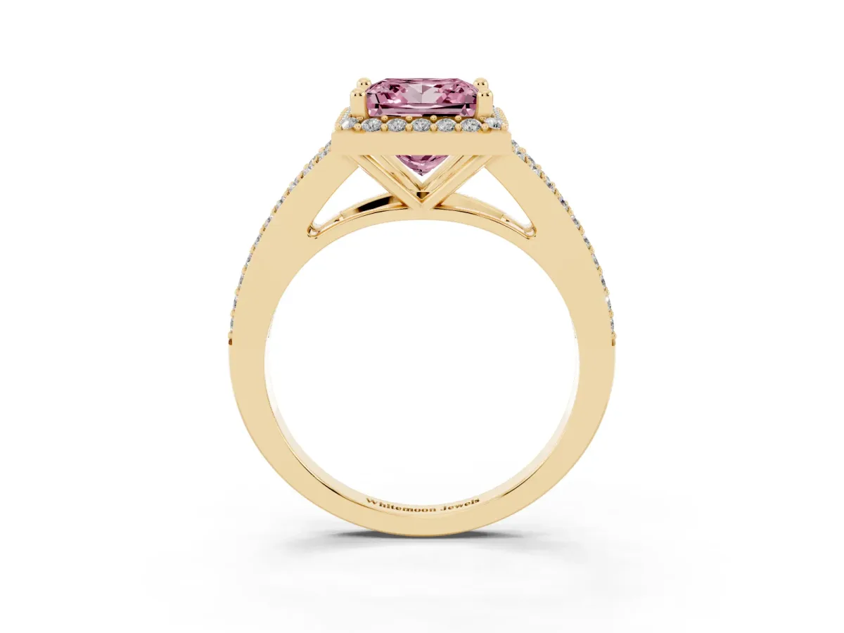 Fancy Pink Princess Cut Halo Split Shank Diamond Ring with Prong Setting Yellow gold