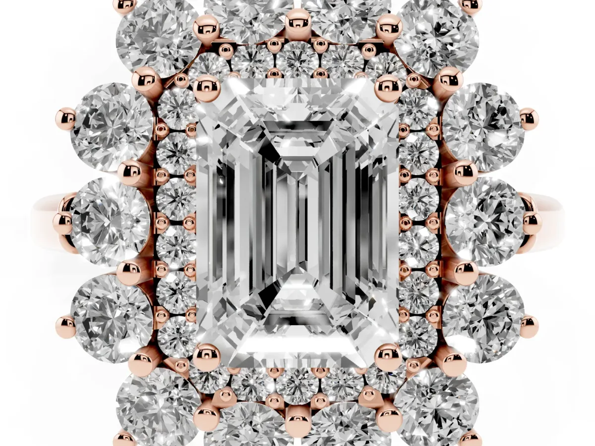 Emerald Cut Diamond Floral Double Halo Engagement Ring with Prong Setting Rose gold