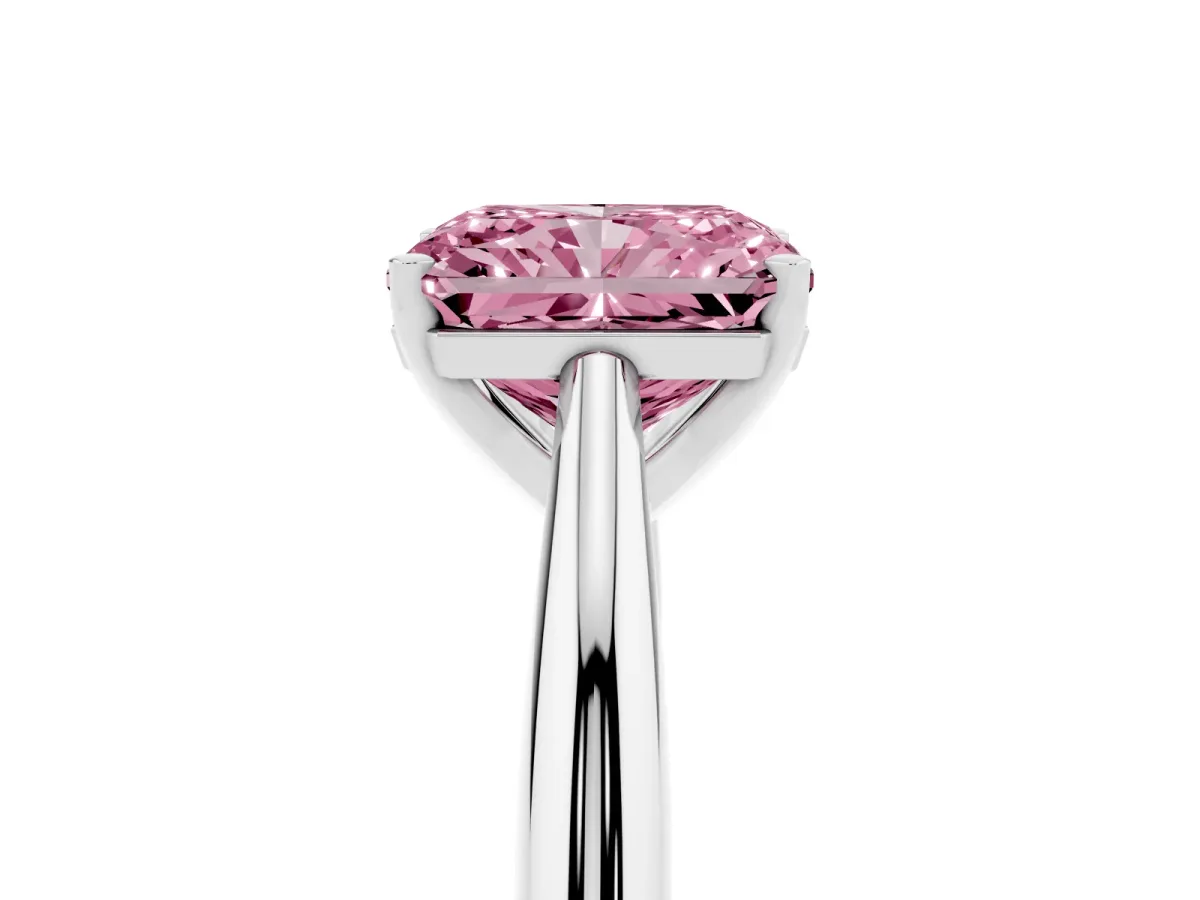 Fancy Pink Radiant Cut Diamond Solitaire Engagement Ring with Cathedral Setting and Four-Prong Mount Silver