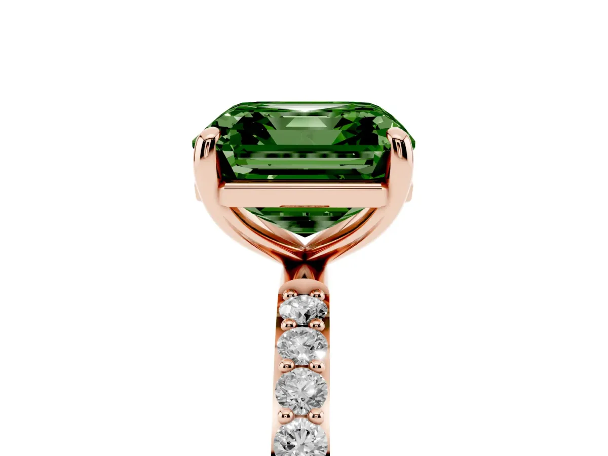 Fancy Green Asscher Cut Diamond Solitaire Ring with Round Pavé Band and Prong Setting Rose gold