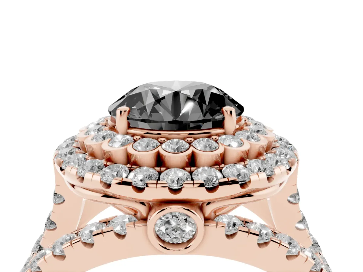Fancy Black Round Cut Diamond Double Halo Ring with Round Pavé Split Shank and Prong Setting Rose gold