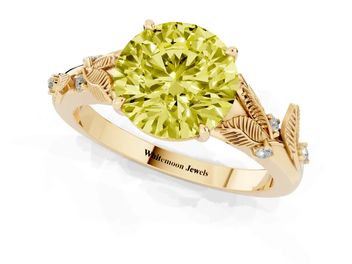 Fancy Yellow Round Cut Diamond Solitaire Ring with Leaf Motif Band and Four-Prong Setting Yellow gold