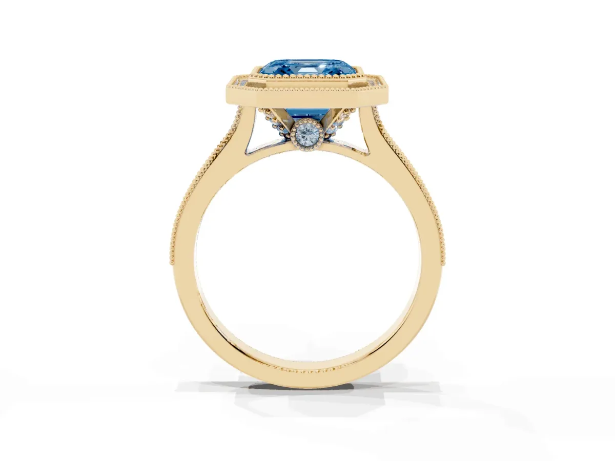 Fancy Blue Halo Asscher Cut-Cut Diamond Pave Band Milgrain Prong Setting Ring Yellow gold