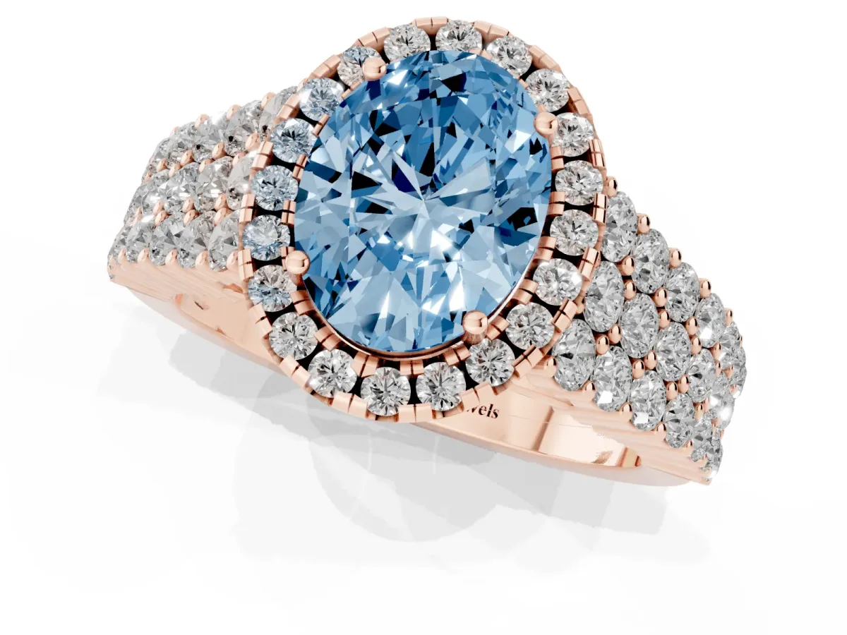 Fancy Blue Oval Cut Diamond Halo Engagement Ring with Triple Row Round Pavé Band and Prong Setting Rose gold