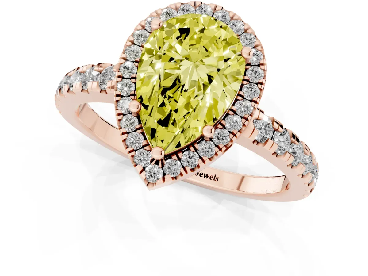 Fancy Yellow Pear Cut Diamond Halo Ring with Pavé Band and Four-Prong Setting Rose gold