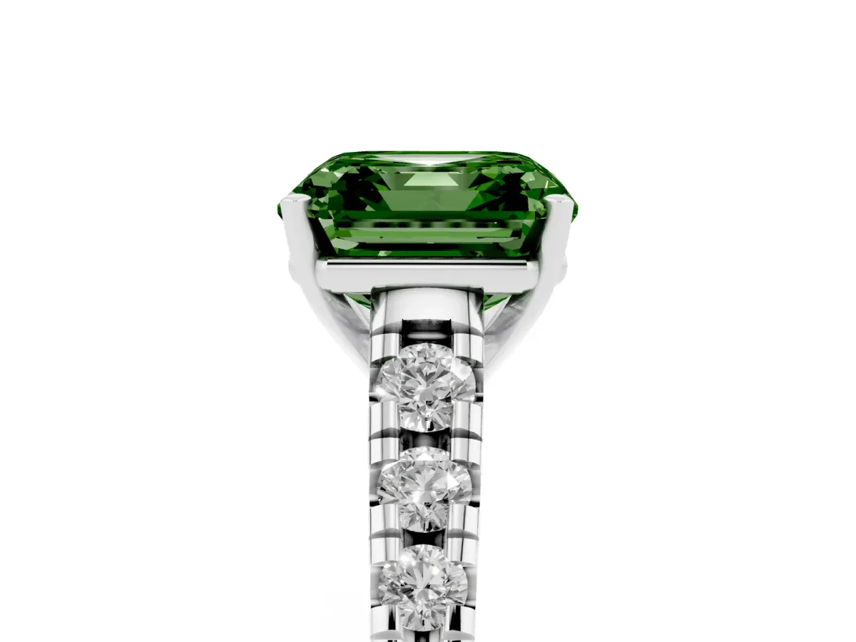 Fancy Green Asscher Cut Diamond Cathedral Solitaire Ring with Round Pavé Band Silver