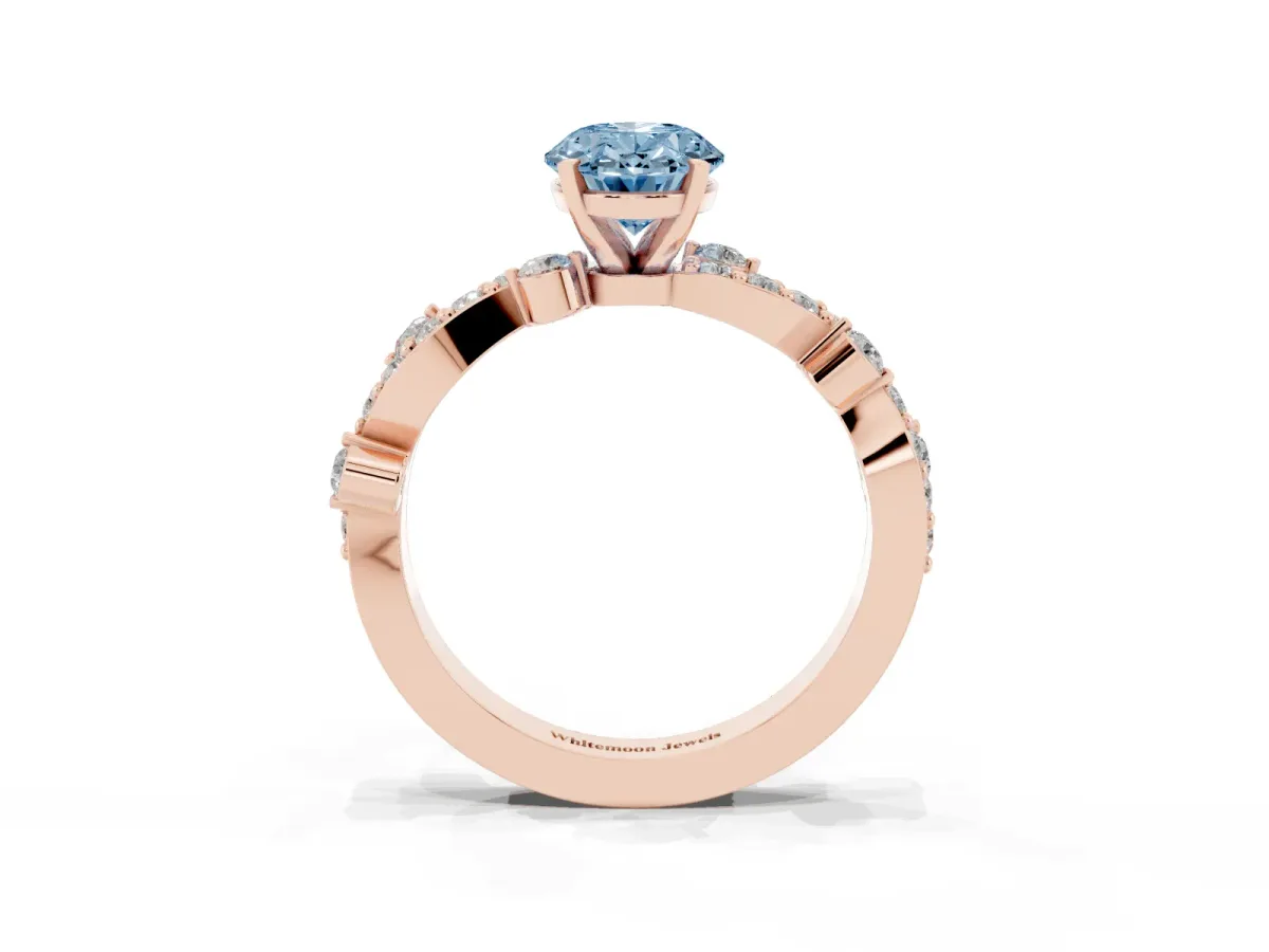 Fancy Blue Oval Cut Cut Solitaire Diamond Twisted Band with Pave Setting Rose gold