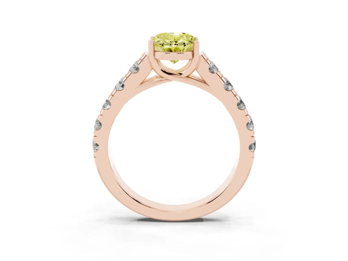 Fancy Yellow Oval Cut Cut Diamond Solitaire Ring with Micro Pave Band and Prong Setting Rose gold