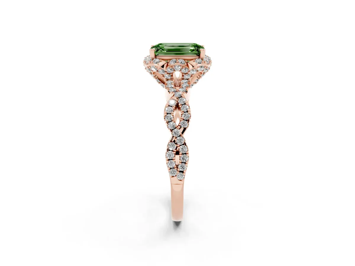 Fancy Green Emerald Cut Halo Twist Band Solitaire Ring with Six-Prong Setting Rose gold