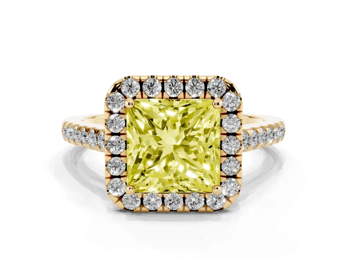Fancy Yellow Princess Cut Halo Pavé Diamond Engagement Ring with Four-Prong Setting Yellow gold
