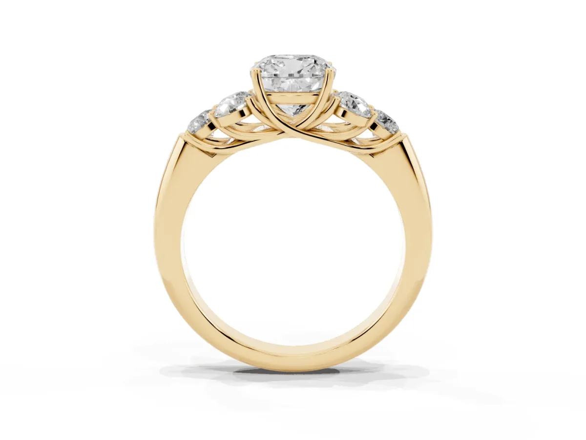 Cushion Cut Cut Diamond Cluster Ring with Round Accent Stones and Prong Setting on a Classic Band Yellow gold