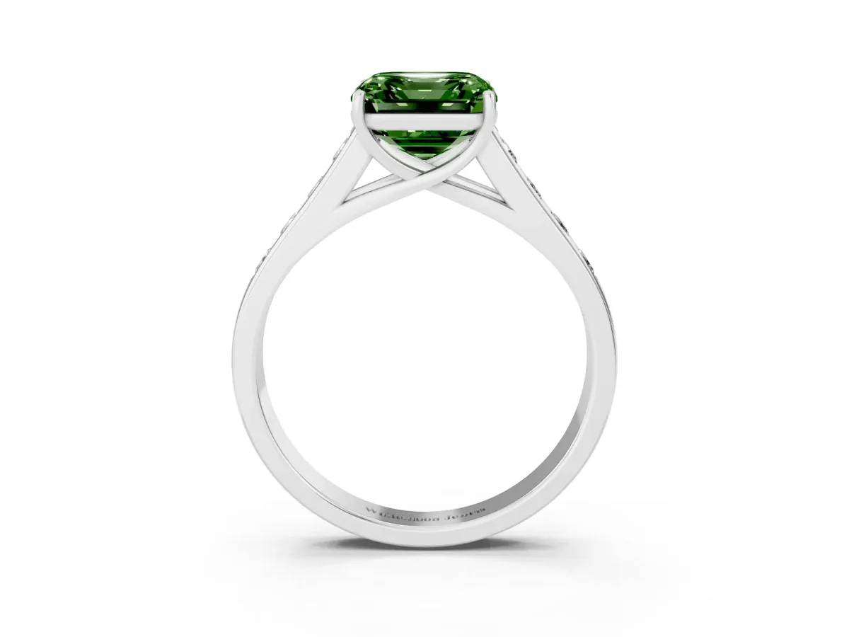 Fancy Green Asscher Cut Solitaire Channel-Set Diamond Engagement Ring with Four-Prong Setting Silver