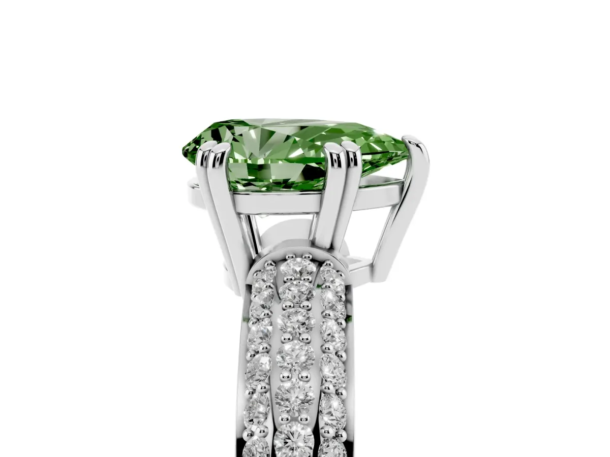 Fancy Green Pear Cut Diamond Solitaire Ring with Multi-Row Round Pavé Band and Prong Setting Silver