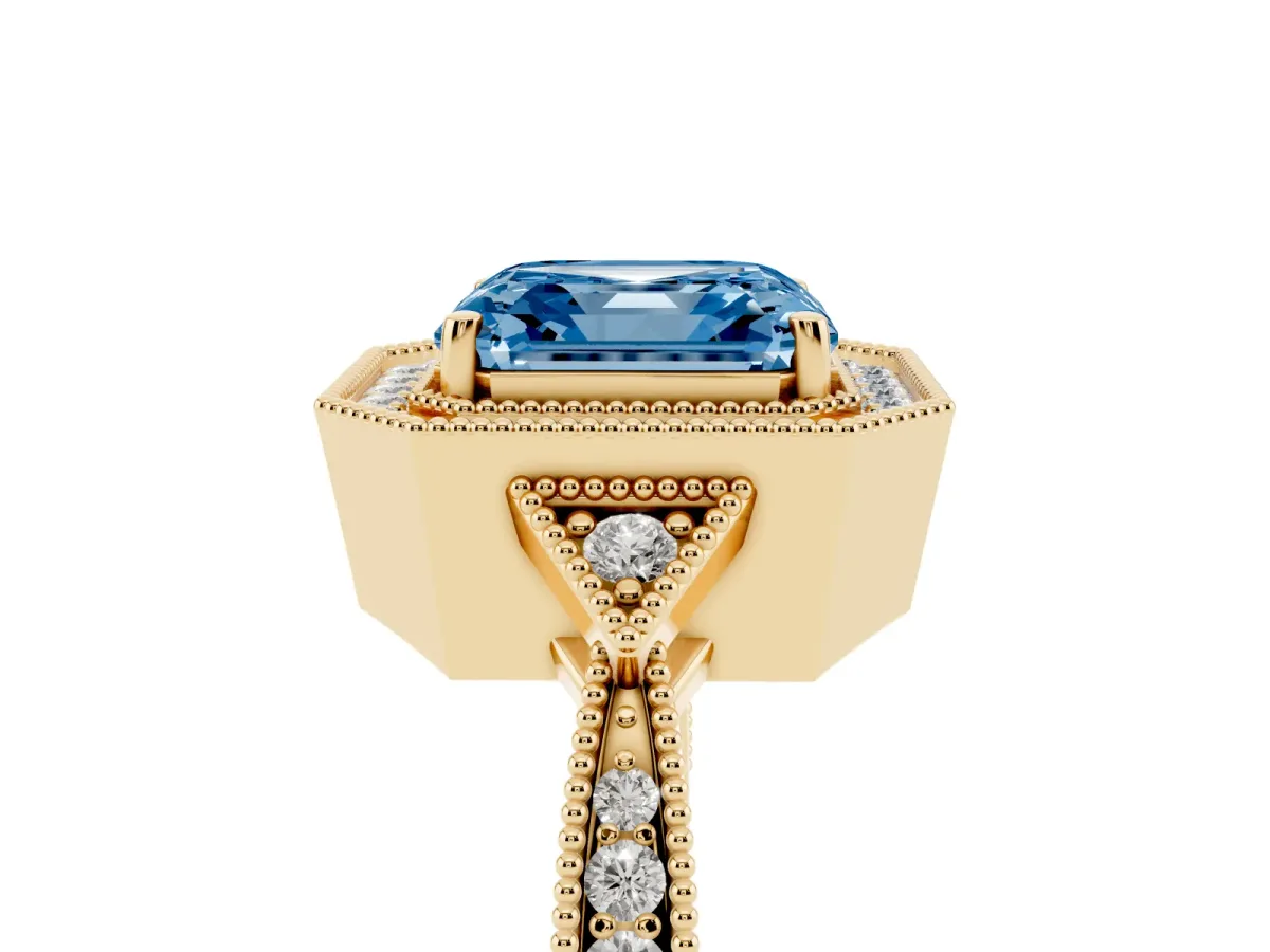 Fancy Blue Asscher Cut Halo Round Diamond Milgrain Pave Engagement Ring Yellow gold
