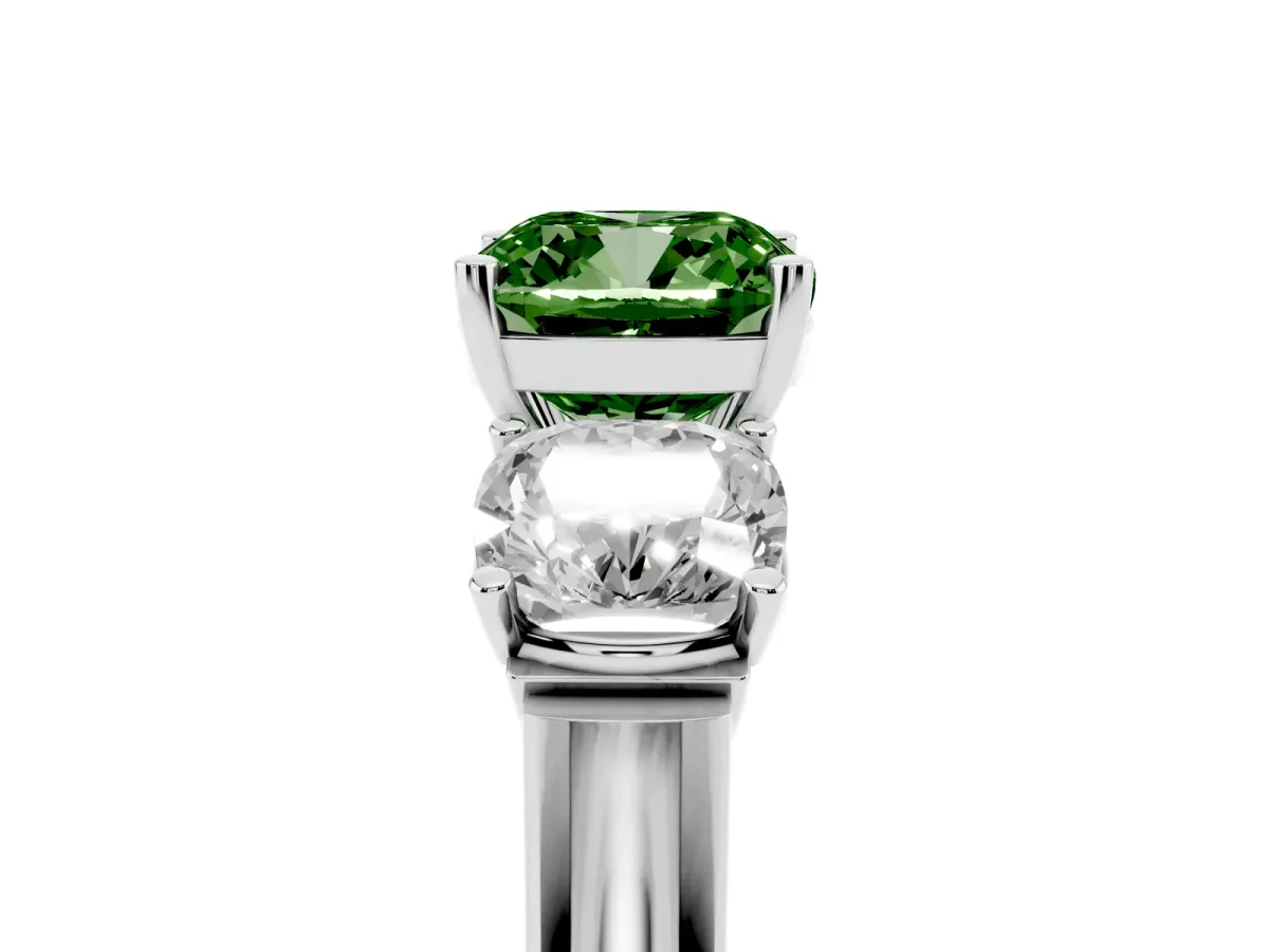 Fancy Green Three-Stone Cushion Cut Brilliant Diamond Trellis Ring with Comfort Fit Band White gold