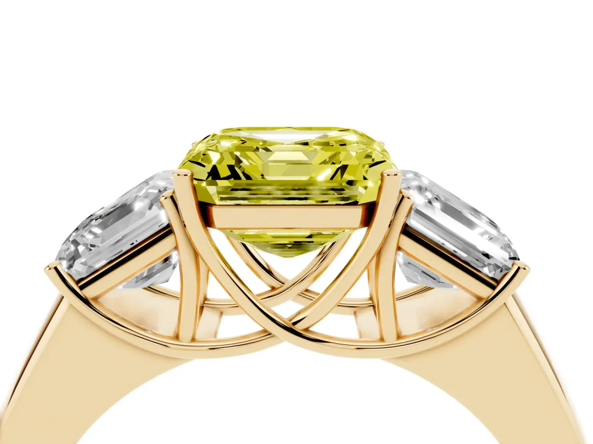 Fancy Yellow Three-Stone Asscher Cut Cut Diamond Ring with Prong Setting and Classic Band Yellow gold