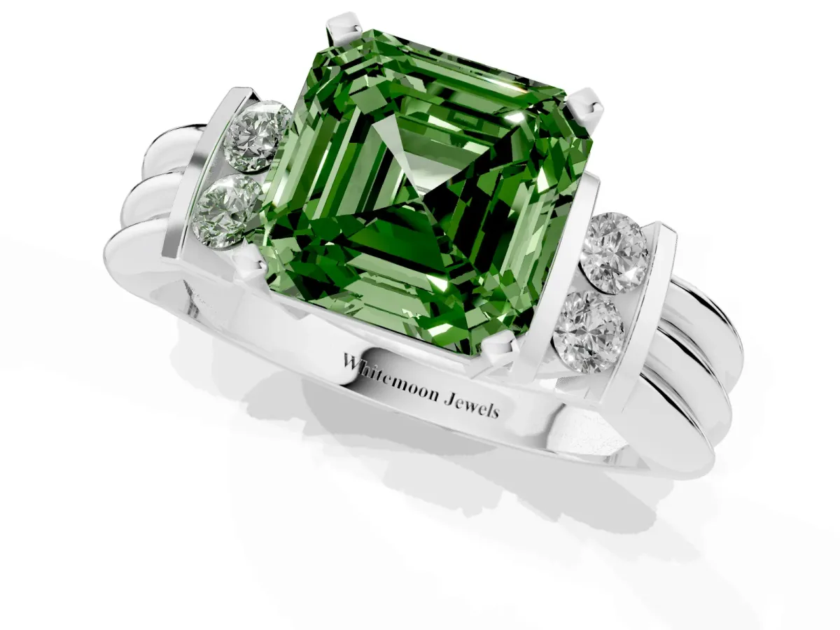 Fancy Green Asscher Cut Cut Three-Stone Channel Set Ring with Bar Prongs Silver