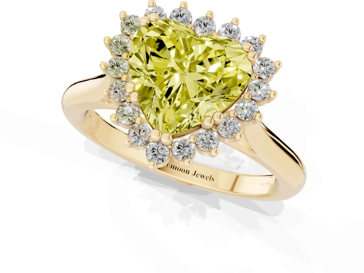 Fancy Yellow Heart Cut Cut Diamond Halo Ring with Solitaire Band and Prong Setting Yellow gold