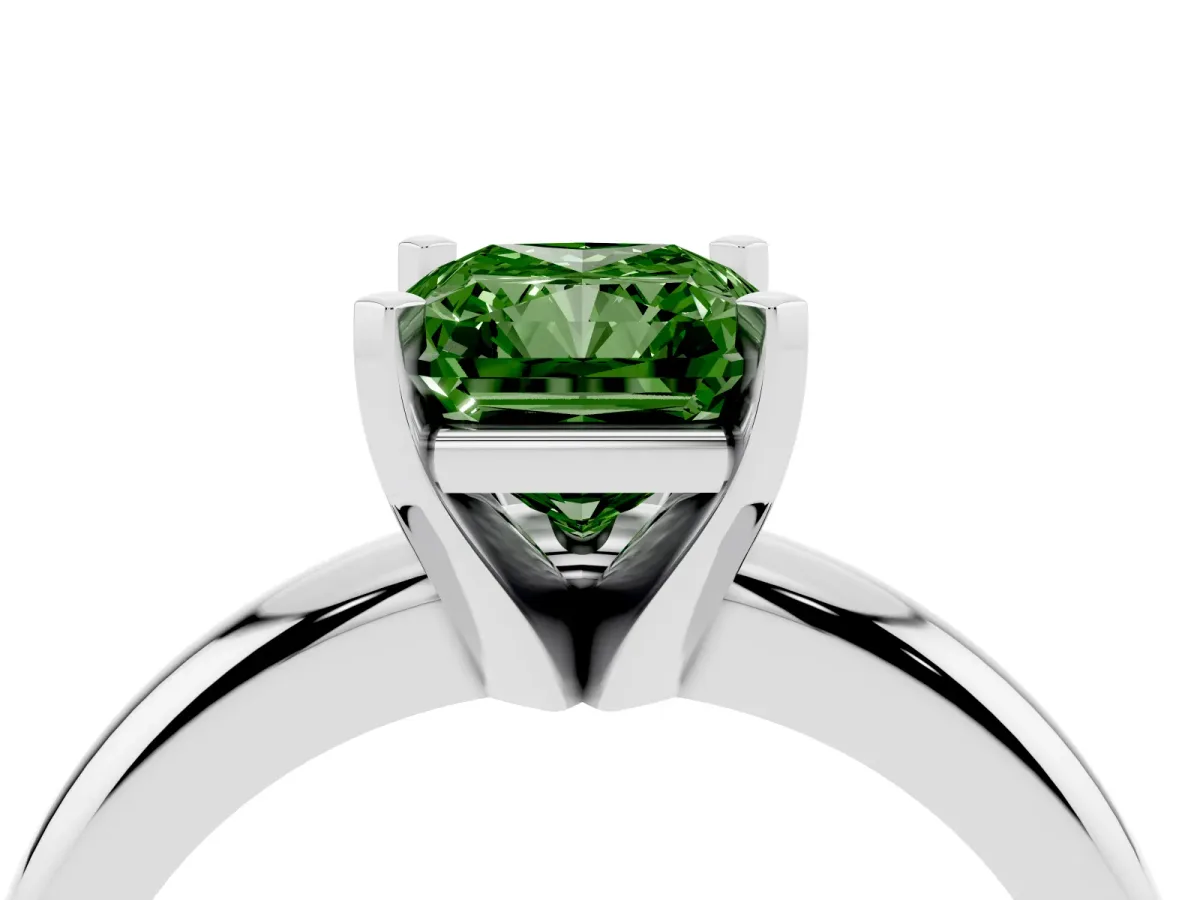 Fancy Green Radiant Cut Diamond Solitaire Engagement Ring with Round Band and Four-Prong Setting Silver
