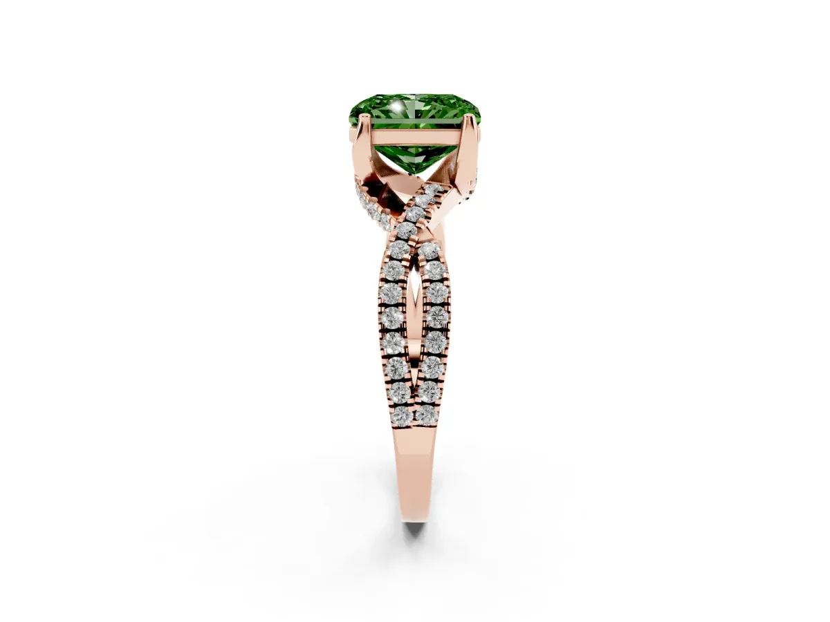 Fancy Green Radiant Cut Solitaire Twist Pave Diamond Engagement Ring with Prong Setting Rose gold