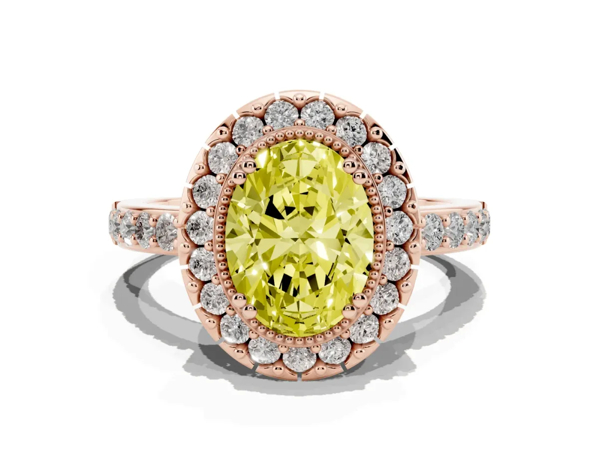 Fancy Yellow Oval Cut Diamond Halo Ring with Pavé Band and Prong Setting Rose gold