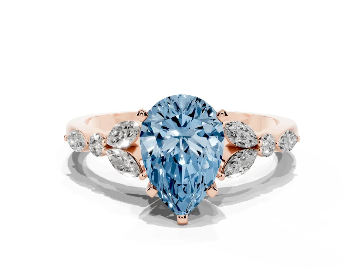 Fancy Blue Pear Cut Diamond Solitaire Ring with Side Stones and Four-Prong Setting Rose gold