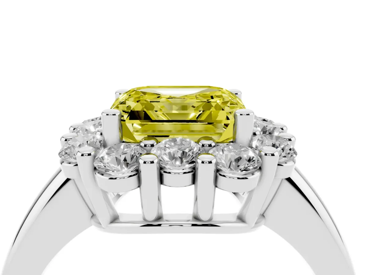 Fancy Yellow Asscher Cut Halo Cluster Diamond Engagement Ring with Prong Setting and Polished Band White gold