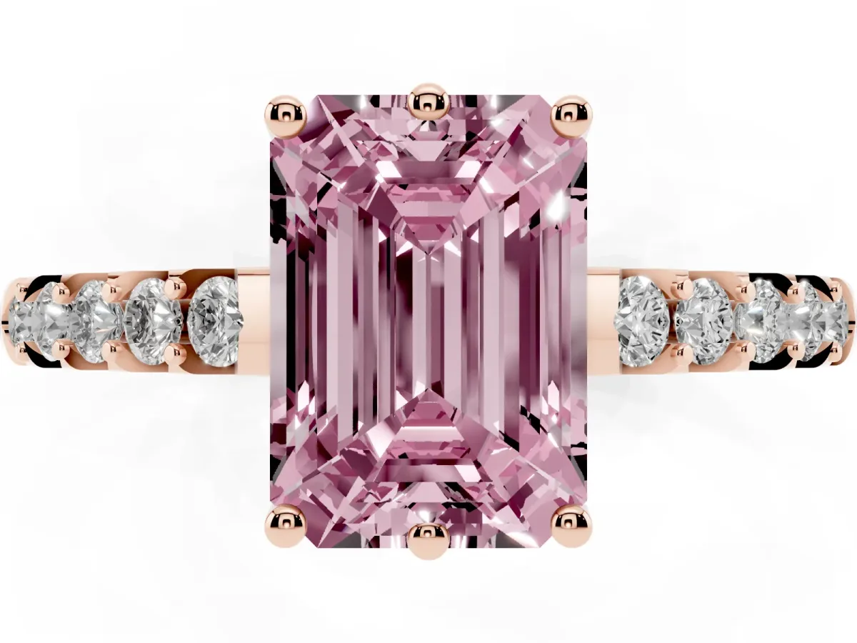 Fancy Pink Emerald Cut Solitaire Diamond Engagement Ring with Pavé Band and Six-Prong Setting Rose gold